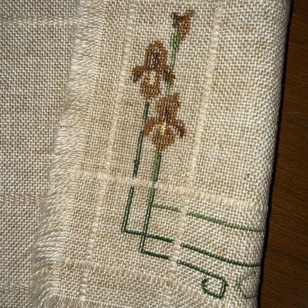 Cross Stitch Placemats 4 Tan Mat With Fringe With Brown Green Flowers 12